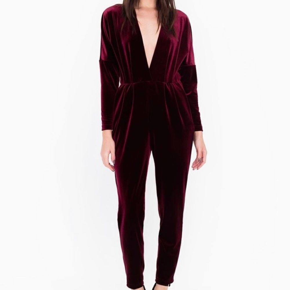 American Apparel Burgundy Velvet Deep V Jumpsuit